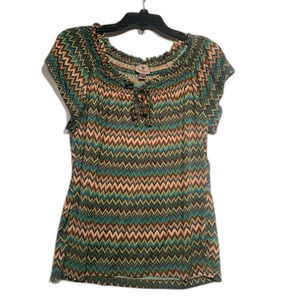 Worthington Shirt Top Blouse Women Large Petite Green Beige Tie Bow Stretch